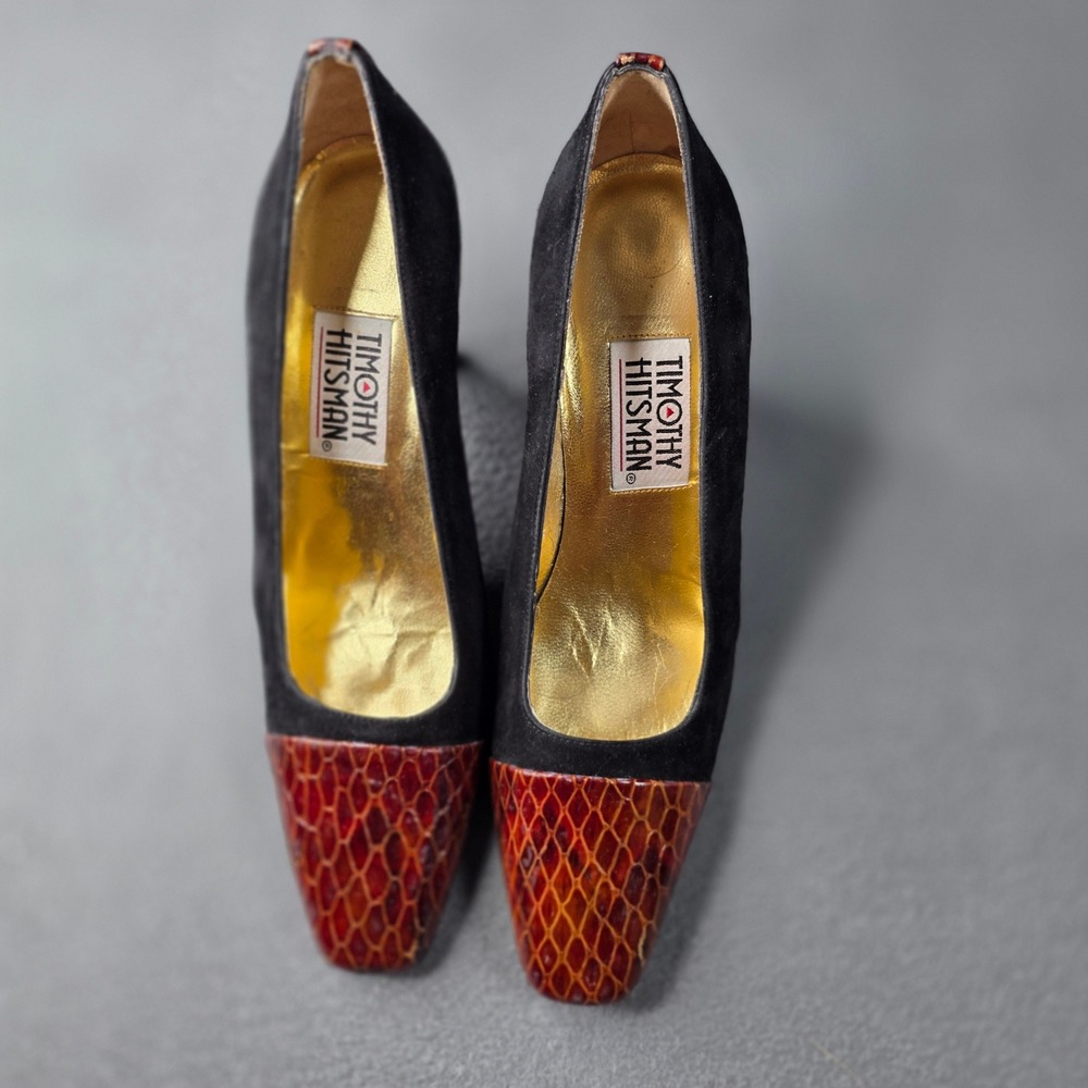 Timothy Hitsman Vintage Black Suede Snakeskin Cap Toe Pumps Made in Spain 7.5 M